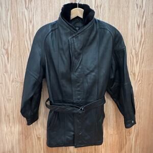 Vtg 1980s Bermans Leather Coat Mouton Collar Trim Black Leather Wilsons Medium